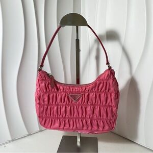 PRADA Pink Gathered Nylon Hobo Bag with Triangle Logo
